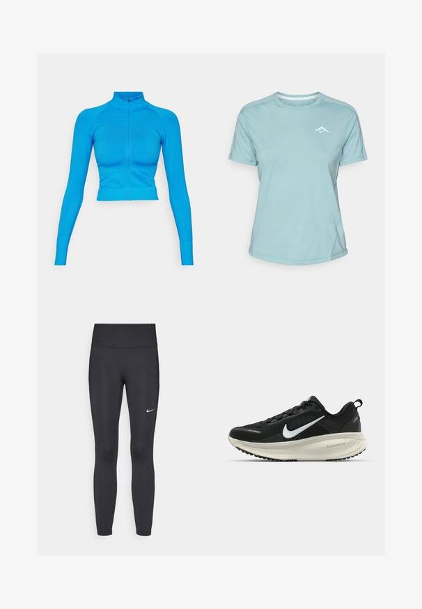 Even&Odd active Treningsjakke - blue; Lys blå t-skjorte med korte ermer laget av myk stoff, med rund hals og en liten hvit logo på brystet. Sømdetaljer er synlige.; Sorte leggings laget av elastisk stoff, med høy livlinje og en hvit Nike-logo på venstre lår. Glatt tekstur, kroppsnær passform.; Svart Nike løpesko med pustende mesh-overdel, hvit swoosh-logo, teksturert detaljer og en kremfarget ZoomX mellomsåle.