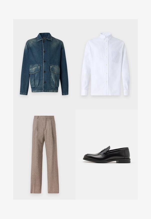 Τζάκετ τζιν σε σκούρο μπλε με ξεθωριασμένη επιφάνεια. Διαθέτει γιακά, κουμπιά μπροστά και δύο μπατζάκια μπροστά.; Λευκό πουκάμισο με μακρύ μανίκι, φτιαγμένο από βαμβάκι, με τσέπη στο στήθος με τονικό κέντημα, γιακά και κουμπιά στους μανικέτες.; Καφέ παντελόνι με ψηλή μέση από υφαντό ύφασμα. Διαθέτει φαρδιές καβάτζες και δύο μανίκια μπροστά για δομή. Καθαρή φινίρισμα χωρίς ορατό εξοπλισμό.; Μαύρες δερμάτινες μπαλαρίνες με λεία υφή, στρογγυλή μύτη και διακοσμητική ταινία πάνω από το επάνω μέρος. Χαμηλός καπιτώνας, μινιμαλιστικός σχεδιασμός.