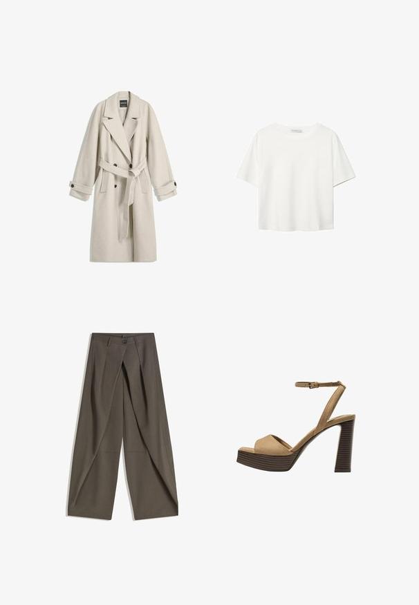 Dug veliki bež vuneni kaput s remenom, širokim reverima, dvostrukim dugmadi i dugmićima na rukavima, prikazan ravno na bijeloj pozadini.; Bijela majica kratkih rukava od pamuka. Ima okrugli izrez i opušteni kroj. Glatka tekstura bez vidljivih uzoraka ili naglasaka.; Hlače širokog kroja izrađene od teksturirane tamnosive tkanine. Imaju prednji plis, kopčanje na gumb i bočne džepove za praktičnost.; Beige suedirane sandale s visokim potpeticama, širokom prednjom trakom i trakicom oko gležnja, s debelom drvenom blok-potpeticom s teksturiranim završetkom.