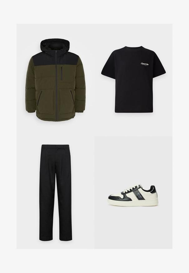 Pufferjakke i mørk olivengrøn og sort. Har en hætte, lynlås foran, to frontlommer og en brystlomme. Teksturstof med horisontale sømme.; Sort bomulds T-shirt med rund halsudskæring, korte ærmer og lille hvid logo tekst på venstre bryst. Enkel design, klassisk pasform.; Sorte bukser lavet af glat stof, med et lige ben-design, to frontfolder og en standard talje med bæltestropper.; Lædersneakers i sort og creme farveskema, med perforerede detaljer, en polstret krave og en struktureret ydersål.