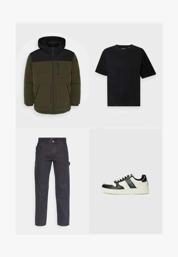 Chaqueta tipo puffer en verde oliva oscuro y negro. Presenta una capucha, cierre frontal con cremallera, dos bolsillos frontales y un bolsillo en el pecho. Tejido texturizado con costuras horizontales.; Camiseta negra de manga corta y cuello redondo con un corte relajado, exhibida sobre un fondo blanco.; Pantalones cargo de color gris oscuro, confeccionados con un tejido duradero, que presentan un corte recto, cinco bolsillos y un cierre de botón en la cintura.; Zapatillas de cuero con un esquema de colores negro y crema, que cuentan con acentos perforados, un collar acolchado y una suela texturizada.