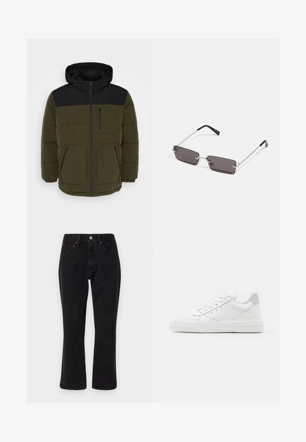 Jakna s punjenjem u tamno maslinasto zelenoj i crnoj boji. Sadrži kapuljaču, patentni zatvarač sprijeda, dva prednja džepa i džep na prsima. Teksturirana tkanina s horizontalnim šavovima.; Bijela pamučna majica kratkih rukava s okruglim izrezom, s crvenim grafičkim natpisom "UKUSNO OSVJEŽAVAJUĆE VOĆE" sprijeda.; Crne traperice od denima s ravnim krojem, pet džepova i metalnim detaljima s bakrenim akcentima. Glatka tekstura i srednja visina struka.; Bijele kožne tenisice s glatkom površinom, okruglim vrhom, ravnim vezicama i strukturiranom potplatom. Sivi antilop naglasak na peti.; Naočale s pravokutnim, tamnosivim lećama, srebrnim metalnim okvirom i crnim plastičnim vrhovima na ručkama. Lagani dizajn s jastučićima za nos.