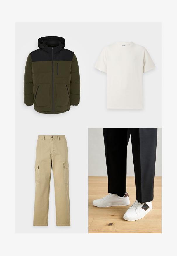 Puhasta jakna v temni olivno zeleni in črni barvi. Ima kapuco, zadrgo spredaj, dve sprednji žepi in žep na prsih. Teksturirana tkanina s horizontalnimi šivi.; Bela majica s kratkimi rokavi iz rebraste tkanine. Okrogli izrez, sproščen kroj, brez vidnih vzorcev ali naglasov. Preprosta in vsestranska zasnova.; Bež hlače s cargo krojem iz bombaža, z dvema stranskima žeparm, gumbom za zapiranje in ravnimi nogavicami iz rahlo teksturirane tkanine.; Beli športni copati z gladko teksturo, okrašeni z rjavimi usnjenimi detajli in črnimi poudarki, v kombinaciji s črnimi krojenimi hlačami. Ozadje iz lesenih tal.