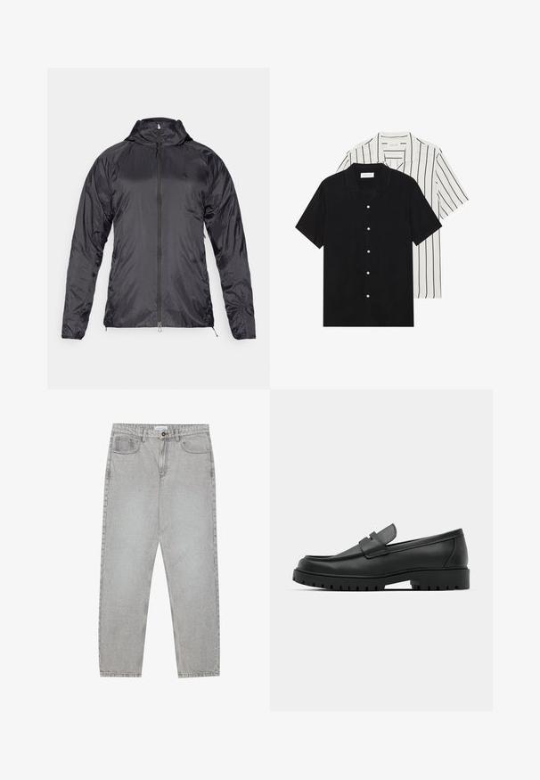 Viegls melns jaka ar kapuci, ar rāvējslēdzēju un garām piedurknēm. Izgatavota no spīdīga, strukturēta materiāla, ar logotipu uz krūškurvja.; Divi īsām piedurknēm krekli: viens pilnīgi melns, otrs balts ar melnām vertikālām svītrām. Abi ir aprīkoti ar pogu aizdari un klasisko apkakli.; Gai pelēko džinsu bikses ar taisnajām kājām, piecu kabatu stilu un pogu aizdari. Redzama šuvju apstrāde gar šuvēm.; Melnas ādas loafers ar noapaļotu purngalu, ar izšūtu dizainu, zemu platformas zoli un teksturētu, rievotu gumijas ārējo zoli.