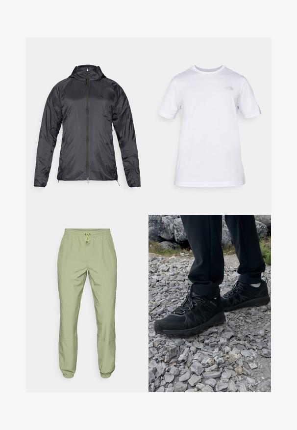 Lahka črna jakna s kapuco, z zadrgo in dolgimi rokavi. Narejena iz sijočnega, teksturiranega materiala, z logotipom na prsih.; Bela bombažna majica s kratkimi rokavi in krožnim izrezom. Ima majhen sivi logo na levem prsnem delu. Gladka tekstura, standardna velikost.; Svijetlozelene atletske hlače s elastičnom gumicom u struku, zatvaranjem na brzo vezanje i manžetama na gležnjevima; sadrže dva bočna džepa i glatku teksturu.; Črne zunanje čevlje iz mrežastega in sintetičnega materiala, s teksturiranim zgornjim delom, zavarovanim sistemom vezalk in trdim podplatom, na skalnatem terenu.