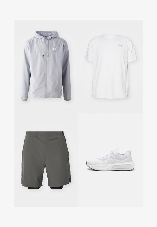 Ljust grå huvtröja med dragkedja, elastiska ärmmuddar och ett ventilerande meshfoder. Har en vit logotyp på övre vänstra sidan.; Vit kortärmad träningsskjorta tillverkad av mjukt tyg. Har rund halsringning och en grå logo på vänster bröst, med sidoflikar vid fållen.; Grå idrottsshorts med ett slätt, lättviktigt tyg och resårmidja, med inre kompressionsshorts och sidofickor.; Vit sportskor med en texturerad stickad ovandel, snörning, vadderad sula och en distinkt varumärkesdetalj på sidan.
