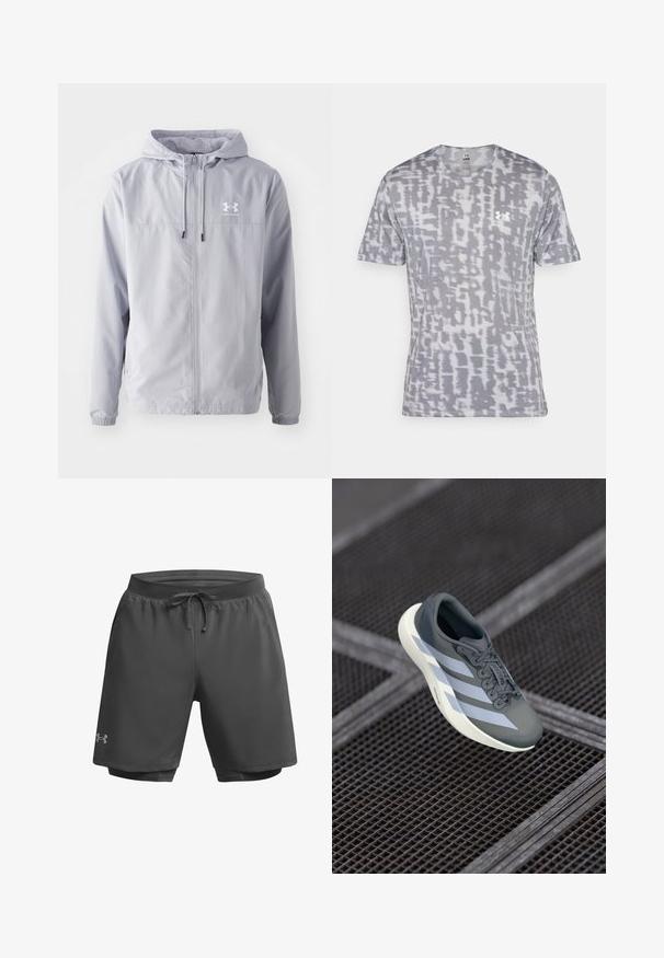 Svetlo siva jakna s kapuco, z zadrgo, elastičnimi manšetami in zračnim mrežnim podlogom. Ima bel logotip na zgornji levi strani.; Siva majica s kratkimi rokavi z modernim vzorcem različnih odtenkov, z okroglim ovratnikom in majhnim belim logotipom na levi prsni strani.; Temno sivi atletski šorts z elastičnim pasom, nastavljivo vrvico in notranjo mrežasto podlogo; vsebuje subtilno blagovno znamko na levi nogi.; Športna obutev v sivi in beli barvi, izdelana iz sintetičnega materiala, z aerodinamičnim dizajnom, teksturirano površino in izrazitim sistemom vezalk.