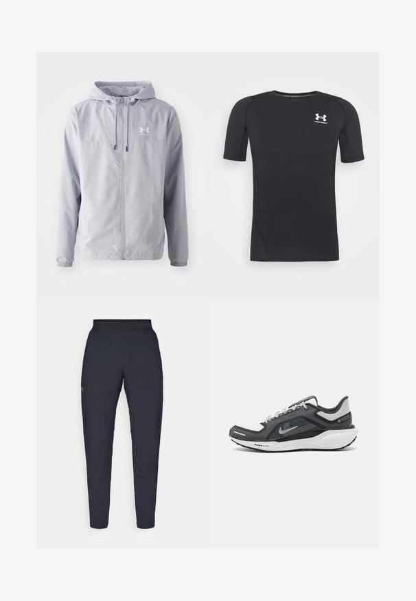 Lichtgrijze lichtgewicht jas met capuchon, rits aan de voorkant, elastische manchetten en Under Armour-logo op de linkerborst. Gladde, waterafstotende stof.; Zwart sportshirt met korte mouwen, gemaakt van vochtafvoerend, rekbaar materiaal. Heeft een ronde halslijn en een klein wit logo op de borst.; Zwarte sportbroeken met een gladde textuur, slanke pasvorm, elastische tailleband en zijzakken. Bevat een klein logo op het linkerdij.; Zwarte en grijze sportschoen met een bovenwerk van mesh, reflecterende accenten en een witte tussenzool. Beschikt over een gestructureerde rubberen zool en veters.