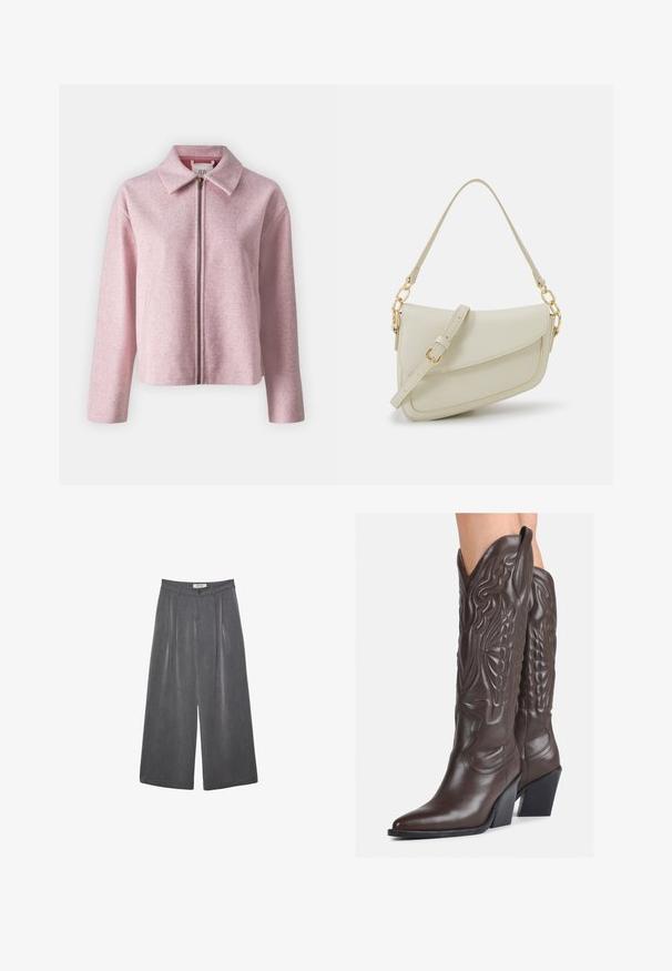 Ljusrosa zip-up jacka med krage, gjord av texturerat tyg, med en figurnära design och långa ärmar.; Vit ärmlös linne av ribbat tyg, med rundad halsringning och smal silhuett, med minimala sömmar och utan dekorationer.; Fållade vida byxor i en mörkgrå tyg med en subtil textur. Har en knappstängning och en klassisk midje-design.; Bruna lädercowboystövlar med spetsig tå och klossklack, med detaljerad sömnad och upphöjda accenter på skaftet.; Liten gräddfärgad handväska med en strukturerad finish, en lång justerbar rem, en kedjedetalj och en klaffstängning. Guldfärgad hårdvara.