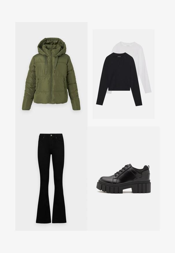 Olijfgroene pufferjack met aangestikte capuchon, voorkeursrits, koordjes en ritszakken aan de zijkant, ontworpen voor koud weer.; Twee langemouwen shirts: een zwarte en een witte. Beide hebben een ronde hals, raglanmouwen en zijn gemaakt van een zachte katoenmix.; Zwarte hoge taille jeans met een knoop- en ritssluiting, voorzakken en een flared pijp, plat gelegd op een witte achtergrond.; Zwarte leren platform schoenen met een stevige blokhak, ronde neus en een traditionele vetersluiting. Kenmerkt zich door een gladde textuur en minimale details.