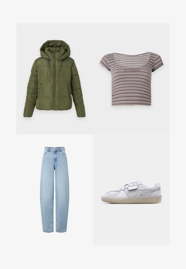 Jachetă puffer verde oliv, cu glugă atașată, zipper frontal, șnururi de ajustare și buzunare laterale cu fermoar, destinată vremii reci.; Top scurt cu mânecă scurtă, în dungi maro, albastru și bej, cu decolteu rotund și inscripția "DA, TE ROG" pe piept.; Blugi albastru deschis, cu talie înaltă și croială lejeră, confecționați din denim. Au picioare drepte, cinci buzunare și închidere cu nasturi.; Tenisii din piele albă cu accente gri, sistem de închidere cu șireturi și o talpă din cauciuc texturat. Prezintă un logo proeminent pe laterale.