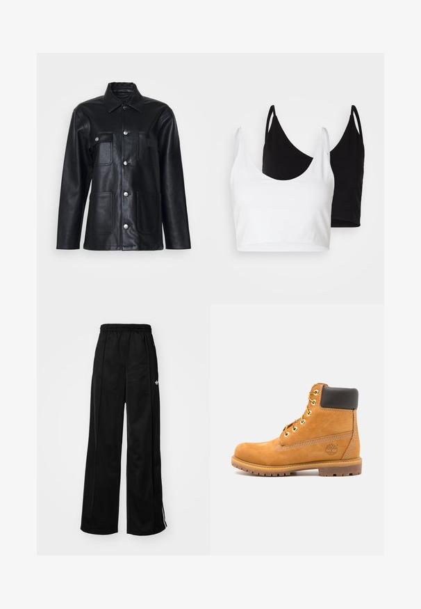 Juodas odinis švarkas su apykakle, priekiniais mygtukais, dviem krūtinės kišenėmis ir dviem apatinėmis kišenėmis. Papuoštas sidabriniais detalėmis.; Du dujų medvilnės marškinėliai balti ir juodi. Kiekvienas turi giliai iškirptą iškirptę ir plonas petnešas, pasižyminčius lygiu, švelniu tekstūru.; Juodos plačios kojų sportinės kelnės su elastinga juosta, su baltomis šoninėmis juostelėmis ir mažuoju logotipu kairiajame klube. Lygus audinio paviršius.; Rudos odinės aulinės batai iki kulkšnies su juodu paminkštinimu, auksiniais kabliukais ir tekstūruotu padu. Ant šono yra apvalus logotipas ir siuvinėjimo akcentai.