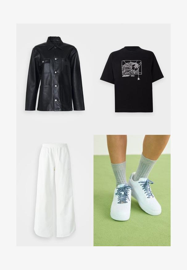Giacca di pelle nera con colletto, chiusura frontale con bottoni, due tasche sul petto e due tasche inferiori. Presenta dettagli in metallo argentato.; Maglietta nera in cotone con maniche corte. Presenta una grafica e un logo a ragnatela bianca sul davanti. Scollo rotondo semplice.; Pantaloni sportivi bianchi a gamba larga con vita a coste e delicato dettaglio del logo. Tessuto liscio con vestibilità rilassata e orlo affusolato.; Sneaker bianche in pelle con accenti blu, design della punta perforato e lacci a trama blu e bianca, indossate con calze grigie a coste.