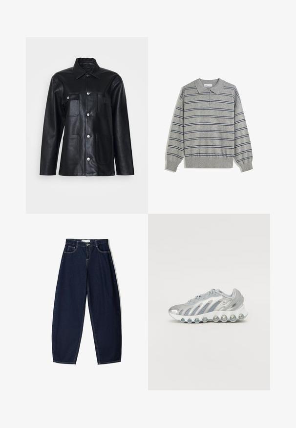 Veste en cuir noir avec un col, fermeture par boutons sur le devant, deux poches poitrine et deux poches inférieures. Présente des accents en métal argenté.; Pullover polo gris à manches longues avec un col, présentant des rayures horizontales bleu marine et un plastron à boutons au niveau du col. Texture douce.; Un pantalon large en denim bleu foncé avec une taille haute, des poches avant et des coutures contrastantes. Le tissu présente une texture lisse et une forme structurée.; Chaussure de sport argentée et grise avec un dessus en mesh, un design courbé, et une semelle ronde unique dotée d'éléments de rembourrage transparents.
