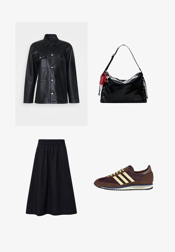 Crna kožna jakna s ovratnikom, zatvaranjem na gumbe sprijeda, dva džepa na prsima i dva donja džepa. Ima srebrne metalne detalje.; Crna majica kratkih rukava s visokim dekolteom i opuštenim krojem. Izrađena od mekog materijala s glatkom teksturom. Bez vidljivih uzoraka ili grafika.; Crna suknja do koljena izrađena od lagane tkanine. Ima elastičnu struk i jednostavnu, glatku teksturu. Nema vidljivih uzoraka ni ukrasa.; Smeđi i burgundski teniski s uzorcima od antilopa i mrežastih materijala, s tri kremaste pruge, teksturiranim materijalom na jeziku i gumeni potplat.; Crna kožna torba s opuštenim dizajnom, vezanjem s bočnih strana i crvenim akcentom. Ima dugačak podesivi remen.