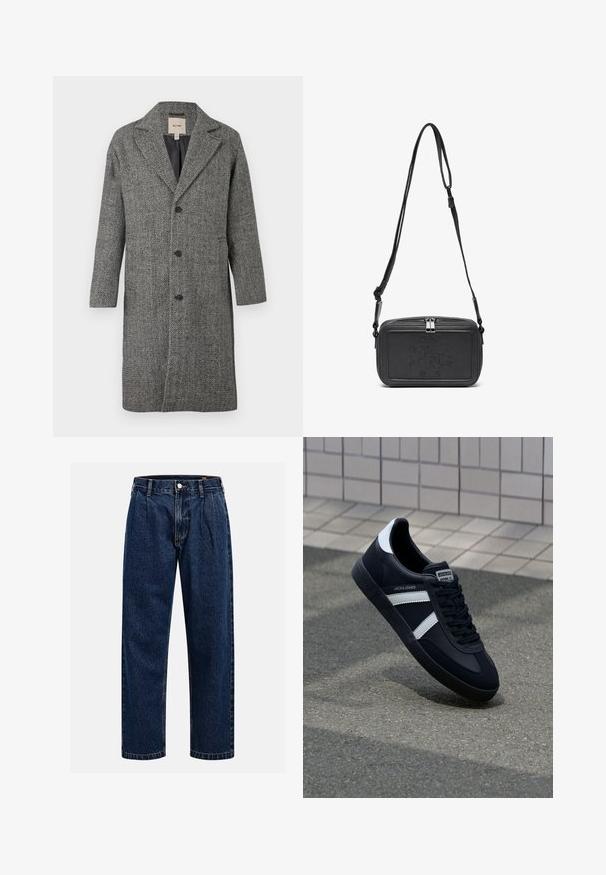 Palton cu model houndstooth în negru și gri, având un guler cu crestătură, design cu un singur rând de nasturi cu trei nasturi și buzunare laterale.; Tricou din bumbac crem, cu mâneci scurte și decolteu rotund. Prezintă un print grafic în nuanțe de albastru și roșu, cu text și un motiv.; Jeans din denim albastru închis cu un design drept. Prezintă cusături vizibile, închidere cu buton și pliuri frontale pentru un detaliu suplimentar.; Sneaker din piele neagră cu dungi albe, talpă din cauciuc texturat și șireturi. Prezintă un eticheta de marcă pe limbă.; Geantă din piele neagră, tip crossbody, cu închidere cu fermoar, logo embosat pe față și curea ajustabilă. Textură netedă și formă rectangulară.