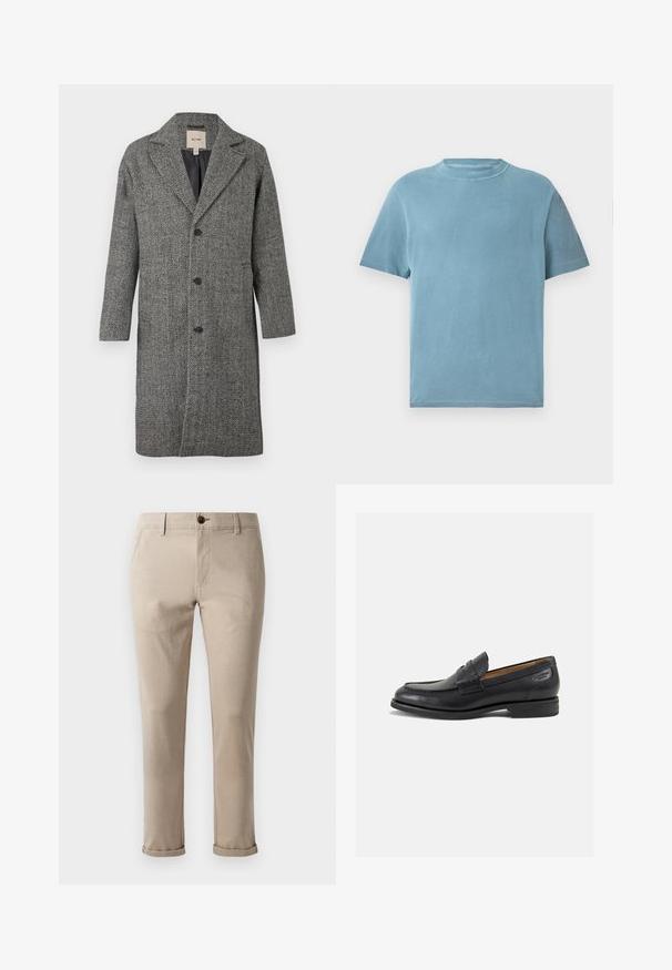 Koerhammasmustriga mantel mustas ja hallis, millel on sälkkrae, kolmekroonilise kinnitusega ühe rea käistega ja küljetaskud.; Lühikeste varrukatega, ümmarguse kaelusega T-särk helesinisest puuvillast. Kanga peal on pehme tunne, sile tekstuur ja minimaalne õmblustetail.; Jack & Jones JPSTMARCO FURY - Chino-püksid - atmosphere; Mustad mustad nahast loafers, sujuva viimistlusega, ümar sirge ja dekoratiivne tikand peal. Madal ja kergelt kuhjatud konts ning kerge läige.