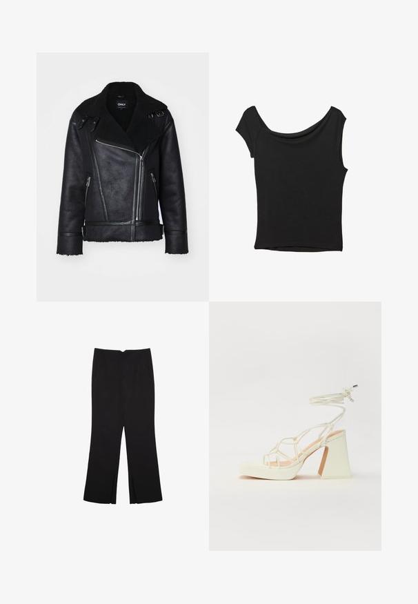 ONLY ONLBETTY BONDED OVERSIZED AVIATOR - Zimska jakna - black; Črna kratka majica s kratkimi rokavi iz gladkega blaga; ima drapiran izrez in asimetrično spodnjo rob, s prilegnjenim telesom.; Črne hlače ravnega kroja z naglavnimi žepi in stranskimi razporki na robu. Narejene iz mehke, gladke tkanine. Primerne za različne priložnosti.; Bela sandala na visokih petah s debelim petam, ki ima obliko trakcev in vezanje okoli gležnja. Gladka tekstura z platformo spredaj za dodatno višino.