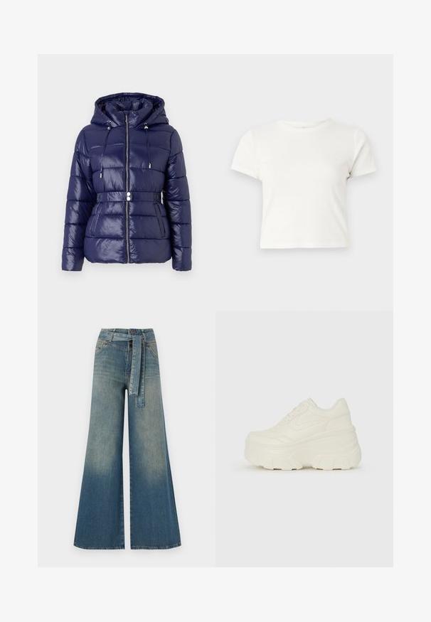 Temno modra napihnjena jakna s sijočo površino, kapuco, zadrgo in pasom. Ima prešite panele in stranske žepe.; Kratka bela majica iz bombaža s kratkimi rokavi, okroglim ovratnikom in ravnim robom, ki ima gladko teksturo in minimalističen dizajn.; Široke jeans hlače z gradientom od svetlo do temno modre, visokim pasom, zankami za pas in pasom iz istega materiala. Tekstura denim končnica.; Bele platformske tene z belim zgornjim delom, ki spominja na usnje, okroglo obliko, oblazinjen ovratnik ter gumo z teksturo na podplatu z izrazitimi profili.