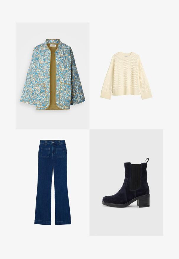 Květinová vzorovaná bunda s modrými, bílými a béžovými květinami na šedém pozadí. Otevřený přední design se dvěma předními kapsami a olivově zelenou podšívkou.; Krémový pletený svetr s texturovaným vzorem rybí kosti, kulatým výstřihem a žebrovanými manžetami a lemem. Klasický volný střih s mírně spuštěnými rameny.; Džínové zvonové kalhoty v tmavě modré barvě s hladkou strukturou, pěti kapsami a zapínáním na knoflík v pase.; Námorně modré semišové kotníkové boty s elastickým bočním panelem, kulatou špičkou a blokovým podpatkem. Texturovaná tkanina a hladká podrážka vytvářejí kontrast.