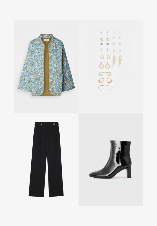 Lillelille mustriga jakke, millel on sinised, valged ja beežid lilled hallil taustal. Avatud esikülg kahe esi-taskuga ja oliiviroheline vooder.; Kaks musta pika varrukaga särk, millel on V-kaelus ja mis on valmistatud pehmest ja venivast kangast, millel on sile tekstuur ja sobiv kuju.; Mustad laiad püksid kõrge vöökoha ja nööpdetailidega vööandil, esikortsudega.; Must-sinine nahkjalats musta läikiva viimistlusega, millel on terav nina ja keskmise kõrgusega plokk konts. Sile tekstuur ja minimalistik disain.; Kullastusust kõrvarõngaste komplekt, mis sisaldab erinevaid disaine, sealhulgas nööpe, rõngaid ja riputatavaid tükke, millel on pärlid ja rhinestones.