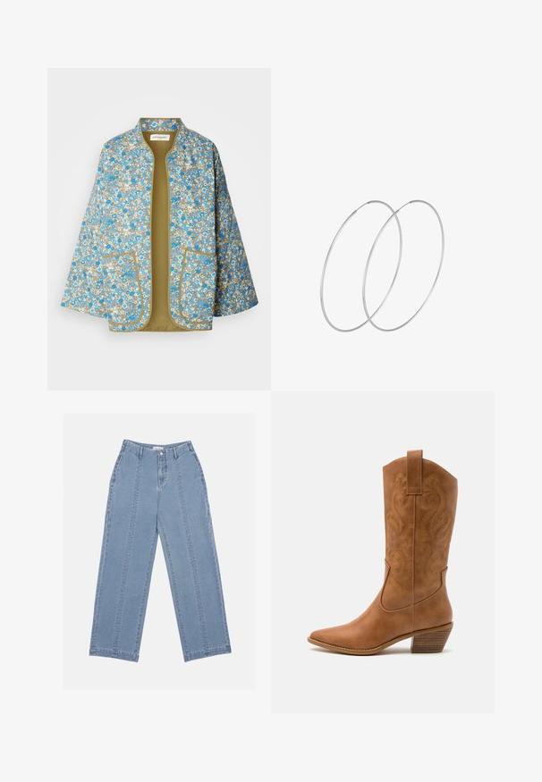 Gėlių rašto švarkas, kuriame yra mėlynų, baltų ir smėlio spalvos gėlių ant pilkos fono. Atviras priekis su dviem priekinėmis kišenėmis ir alyvuogių žalios spalvos pamušalu.; Balta medvilnės marškinėliai be rankovių su plačiu kaklu ir plonomis petnešėlėmis. Lygus paviršius be matomų raštų ar papuošimų.; Šviesiai mėlynos plačios kojų džinsai, pagaminti iš denimo. Turi aukštą liemenį, mygtukų užsegimą ir matomą siuvimą. Priekyje nematyti kišenių.; Ruda odinė kantri batai su smailiu būtų pirštu, siuvinėtais spiralės raštais ant viršaus ir su kamščiu blokuotu kulnu. Yra tamprių užtraukių, kad būtų lengviau užsidėti.; Sidabrinės pusmėnulio auskarai minimalistiniu dizainu. Apskritimo forma, lygus paviršius ir plonas profilis. Lengvi su poliruotu apdailu.