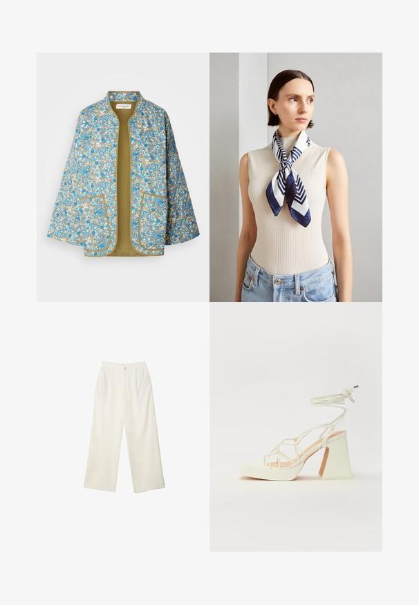 Jakke s cvetličnim vzorcem, ki prikazuje modre, bele in bež cvetove na sivi podlagi. Ima odprto sprednjo zasnovo z dvema sprednjima žepekoma in olivno zeleno podlogo.; Bela kratka majica s kratkimi rokavi iz bombaža. Ima okroglo izrezovanje in sproščen kroj. Gladka tekstura brez vidnih vzorcev ali poudarkov.; Hlače širokih nogavic iz kremaste tkanine z gladko teksturo, z enim sprednjim gumbom, diskretnimi plisami in visokim pasom.; Bela sandala na visokih petah s debelim petam, ki ima obliko trakcev in vezanje okoli gležnja. Gladka tekstura z platformo spredaj za dodatno višino.; Svila šal v temno modri in beli barvi z geometrijskim cikcakom. Gladka tekstura, lepo zavezan okoli vratu, ki dopolnjuje rebrasto majico.; Jasni in jantarni smolnati prstani, en je gladek in prozoren, drugi pa s teksturiranim jantarjem. Obe imata zaobljene, debele oblike.