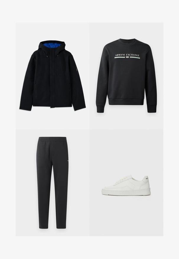 Černá mikina s kapucí a modrou podšívkou, s dvěma bočními zipovými kapsami, rovného střihu a s možností úpravy kapuce pomocí stahovací šňůrky.; Černá mikina vyrobená z měkké látky. Má klasický kulatý výstřih a dlouhé rukávy. Na přední straně je nápis "ARMANI EXCHANGE" a "1991" v kontrastních barvách.; Černé joggingové kalhoty vyrobené z měkké tkaniny, s elastickým pasem, rovnými nohavicemi a malým logem na boku.; Bílé kožené tenisky s hladkým povrchem, kulatou špičkou, plochými tkaničkami a texturovanou podrážkou. Na patě se nachází nenápadné logo.