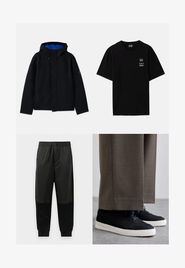 Crna kapuljača s plavim unutrašnjim dijelom, koja ima dva bočna džepa na patentni zatvarač, ravnog je kroja i s podešavanjima na kapuljači.; Crna pamučna majica s kratkim rukavima, okruglim izrezom i malom oznakom logotipa sprijeda koja sadrži simbole za njegu u bijeloj boji.; Crne sportske hlače od mješavine glatkih i strukturiranih tkanina, elastični pojas s vezicom i suženi rubovi.; Crne nubuk tenisice s bijelim gumenim potplatima, s zaobljenim vrhom i vezicama, uparene s sivim krojenim hlačama.