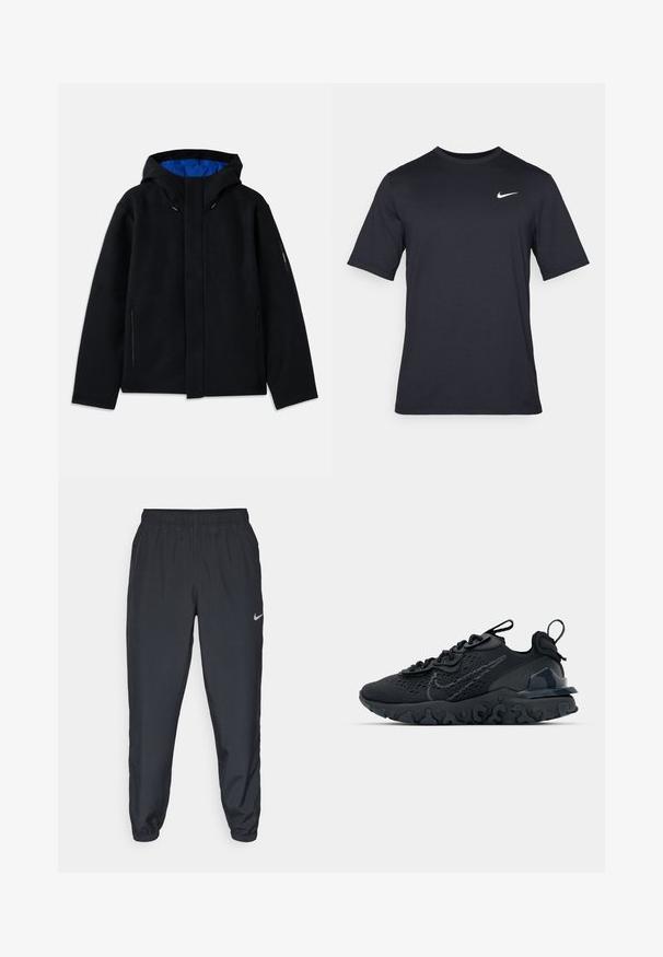 Juodas gobtuvas su mėlynu vidumi, turi dvi šonines kišenes su užtrauktukais, tiesią fasoną ir reguliuojamus raiščius ant gobtuvo.; Juodas trumpomis rankovėmis Nike marškinėliai, pagaminti iš lygaus audinio, su baltu swoosh logotipu viršutinėje kairėje pusėje, apvaliu kaklu.; Juodos sportinės kelnės iš lengvos medžiagos su elastinga juosta, kulkšnies rankovėmis ir diskretišku Nike logotipu kairėje pusėje.; Juoda sportinė avalynė su kvėpuojančiu tinkliniu viršumi, tekstūruotais akcentais ir banguota guma padais. Yra atspindintis logotipas ir raištelių sistema.
