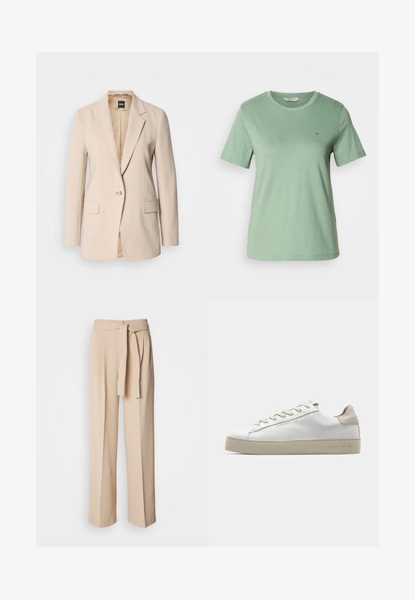 Beige blazer made of smooth fabric, featuring a single button closure, two front pockets, and a notched lapel design. Interior is tan.; Light green short-sleeve T-shirt made of soft cotton. Round neckline and a small embroidered logo on the left chest. Smooth texture.; Beige high-waisted trousers with a tie belt, wide-leg design, smooth fabric, and soft texture. Features pleats at the front.; White leather sneaker with a smooth finish, beige suede accents, round toe, flat lace-up design, and a textured rubber sole.