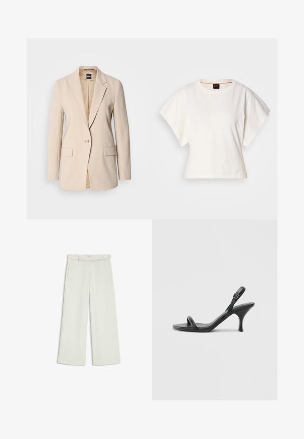 Beige blazer i slät tyg med enkel knappstängning, två framfickor och design med spetsigaslag. Insidan är tan.; Vit kortärmad T-shirt, korta vida ärmar, mjukt bomullsmaterial, rund halsringning med subtila orange detaljer, minimal design, inga mönster eller grafik.; Vita byxor i ljus krämig tyg, med sidofickor, platt fram och en enda knappstängning vid midjan. Slät struktur.; Svarta läder högklackade sandaler med en smal, böjd klack och ett korsat remdesign. Justerbar ankelrem. Slät textur.