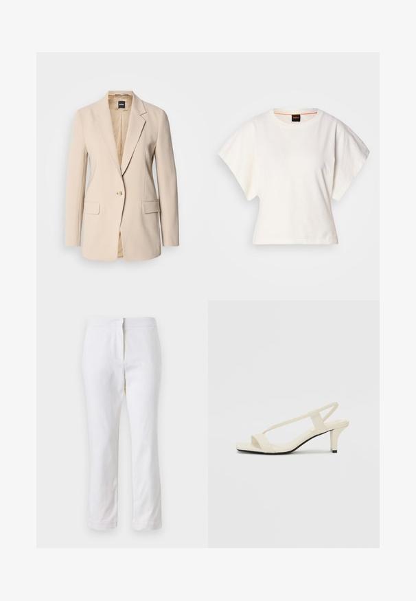 Beige blazer made of smooth fabric, featuring a single button closure, two front pockets, and a notched lapel design. Interior is tan.; White cropped T-shirt, short wide sleeves, soft cotton material, round neckline with subtle orange trim, minimal design, no patterns or graphics.; White cotton pants with a straight leg design, featuring a mid-rise waist and no visible hardware or patterns. Smooth texture throughout.; Beige block-heeled sandals with thin straps and a square toe. Smooth material with minimal detailing, designed for easy wear.