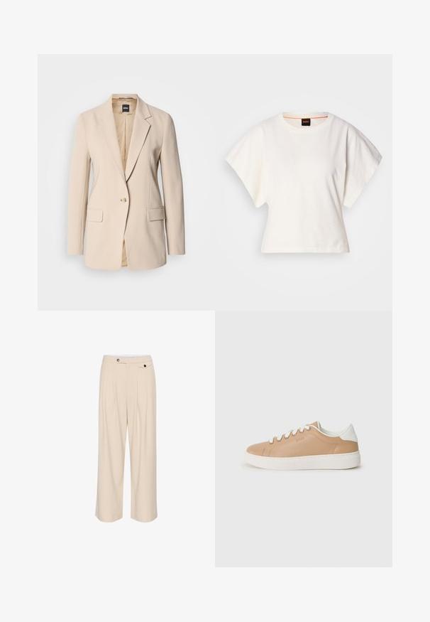 Beige bleiseri sujuvasta kankaasta, jossa on yksi nappi, kaksi etutaskua ja viistot kauluskaukalot. Sisäosa on vaaleanruskea.; Valkoinen lyhythihainen t-paita, leveät lyhyet hihat, pehmeää puuvillamateriaalia, pyöreä pääntie jossa hienovarainen oranssi reunus, minimaalinen muotoilu, ei kuvioita tai graafisia elementtejä.; Vaaleat leveät housut, joissa on tasainen etuosa, kaksi sivutaskua, nappisulku ja laskostetut yksityiskohdat lisäämään tekstuuria ja muotoilua.; Valkoinen nahkalenkkari, jossa on valkoiset yksityiskohdat, pyöreä kärki, tasainen pohja ja erottuvat ompeluintarsiat. Nauhakiinnitys, jossa on kuusi reikäparia.