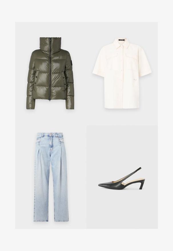Puff jakke i olivengrøn, med høj krave, frontlynlås og to sidelommer med sorte knapper. Glat, skinnende tekstur.; Kortærmet, cremefarvet skjorte lavet af letvægtsstof, med to forlommer, knaplukning og kontraststing.; Lyseblå denim jeans med høj talje, bred benåbning, to sidelommer og plisseret design. Blød tekstur med et falmet finish.; Sorte spidse slingback-sko med en lav hæl, lavet af glat læder og med udskæringer på siden for åndbarhed.