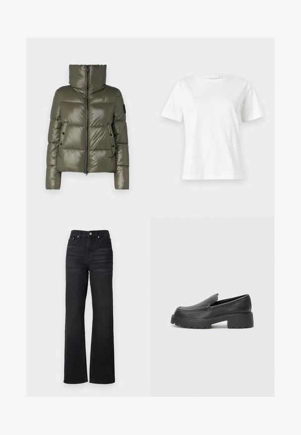 Puhasta jakna v olivno zeleni barvi, z visokim ovratnikom, sprednjim zadrgo in dvema stranskima žepoma s črnimi gumbi. Gladka, sijoča tekstura.; Bela bombažna majica s kratkimi rokavi, okroglo izrezana in ohlapnega kroja. Gladka tekstura, brez vzorcev ali dodatkov, minimalističen dizajn.; Črne široke jeans hlače iz denima z visokim pasom, obliko petih žepov in srebrnim kovinskim gumbom. Tkanina ima gladko teksturo in rahlo elastičnost.; Črne usnjene loafers čevlje z zaobljenim nosom, debelim teksturiranim podplatom in minimalnimi šivi. Elegantna zasnova brez vidnih vezalk ali kovinskih delov.