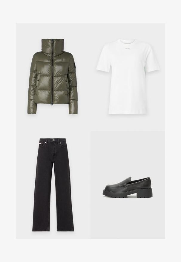 Puff jacket in olive green, features a high collar, front zipper, and two side pockets with black buttons. Smooth, shiny texture.; White cotton t-shirt features a round neck, short sleeves, and a small black "Calvin Klein" logo on the chest. Simple design, no patterns.; Black wide-leg jeans made of denim, featuring a high-rise waist, five-pocket styling, and a metal button closure with contrasting stitching.; Black leather loafers with a rounded toe, thick textured sole, and minimal stitching details. Sleek design with no visible laces or hardware.