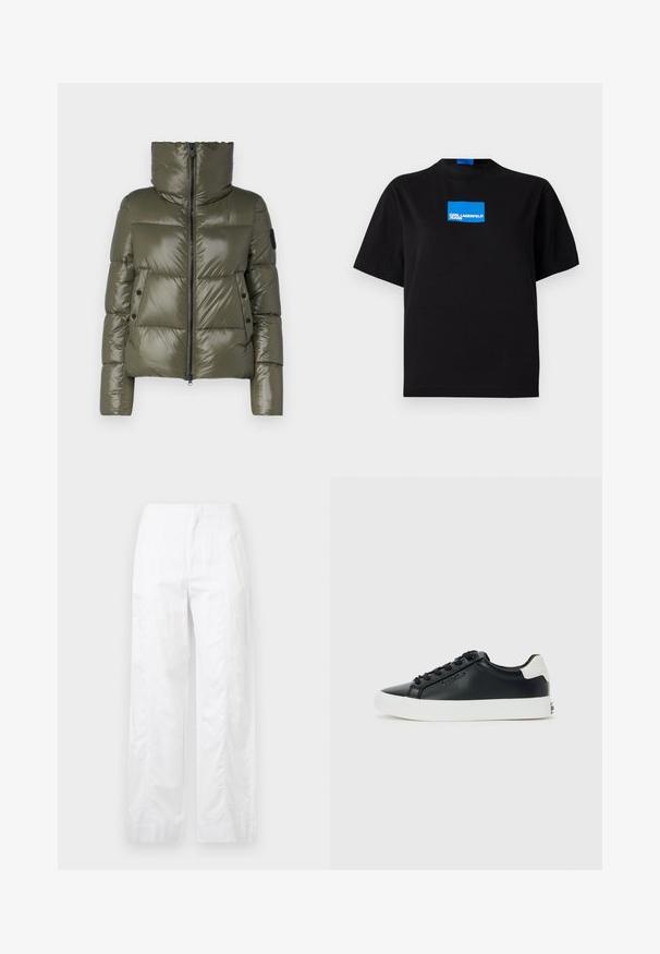 Puff jacket in olive green, features a high collar, front zipper, and two side pockets with black buttons. Smooth, shiny texture.; Black cotton t-shirt with a crew neck, featuring a blue rectangular graphic logo labeled "KARL LAGERFELD JEANS" on the front.; White wide-leg trousers made of lightweight fabric, featuring a smooth texture, clean lines, and a high waist design.; Black low-top sneaker with white sole and heel tab, black laces, and subtle Calvin Klein logo on side, displayed on a plain background.