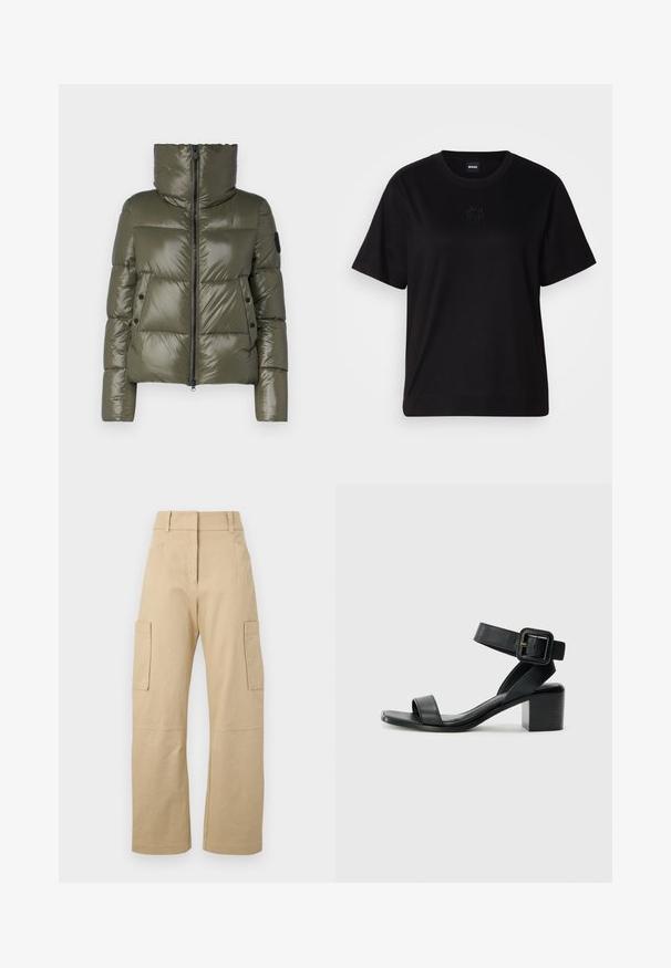 Pufová bunda v olivově zelené barvě, má vysoký límec, přední zip a dvě boční kapsy s černými knoflíky. Hladká, lesklá textura.; Černé bavlněné tričko s kulatým výstřihem, krátkými rukávy a vyšitým logem na hrudi. Jednoduchý, volný střih bez vzorů.; Béžové cargo kalhoty vyrobené z bavlny, s vysokým pasem, širokými nohavicemi, dvěma bočnými kapsami a dvěma velkými cargo kapsami na stehnech.; Černá kožená sandál s podpatkem, nastavitelným páskem kolem kotníku, otevřenou špičkou a čtveratým blokovým podpatkem. Hladká textura, minimalistický styl.