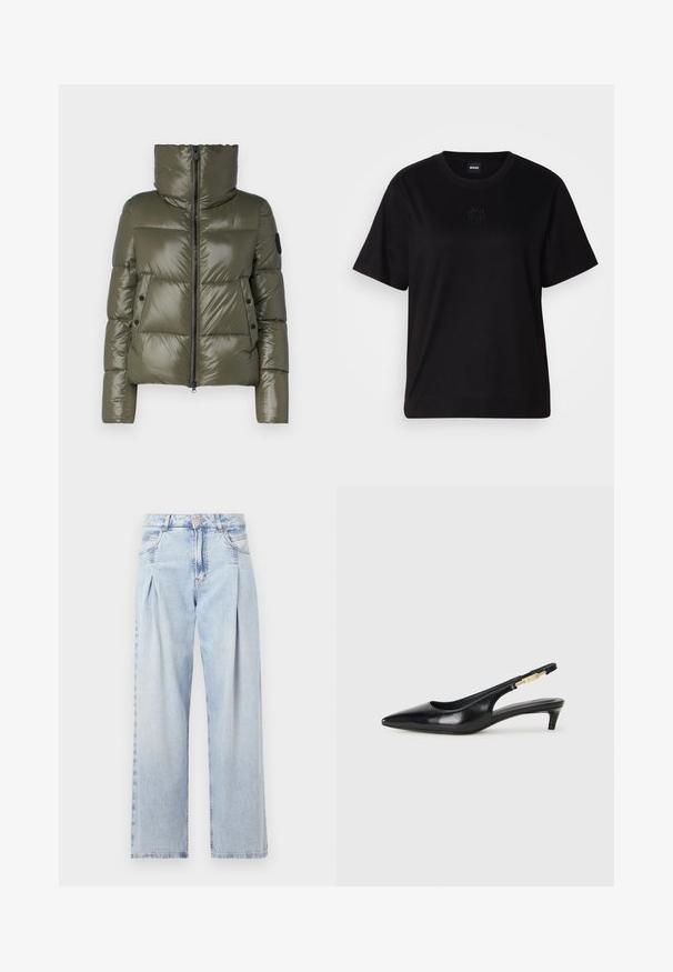 Puff jacket in olive green, features a high collar, front zipper, and two side pockets with black buttons. Smooth, shiny texture.; Black cotton t-shirt with a crew neckline, short sleeves, and an embroidered logo on the chest. Simple, relaxed fit with no patterns.; Light blue denim jeans with a high waist, wide-leg cut, two side pockets, and pleated design feature. Soft texture with a faded finish.; Black leather slingback heels with a pointed toe, featuring a slim heel and a gold-tone accent on the adjustable strap. Smooth texture.