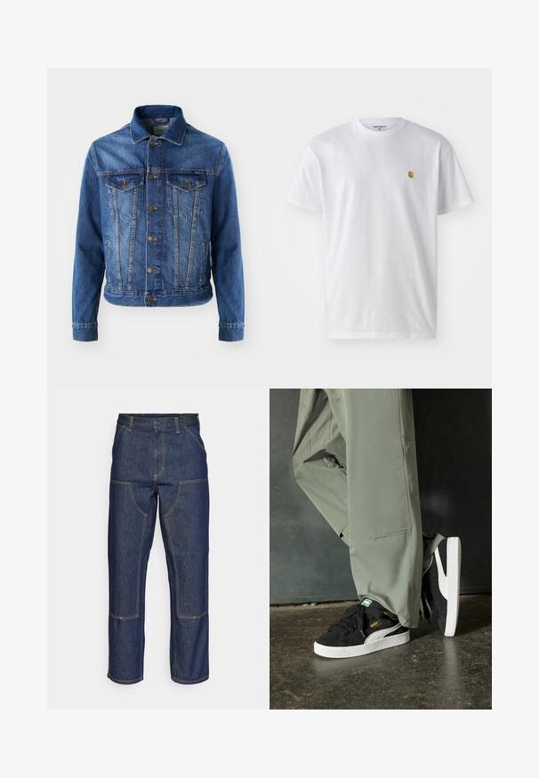 Zila džinsa jaka ar pogu aizdari, divām krūšu kabatām un klasisku apkakli. Audumam ir nedaudz izbalējusi tekstūra.; Balta kokvilnas t-kreklu ar īsām piedurknēm, apaļu kakla izgriezumu, ar mazu zelta logotipu kreisajā krūšu pusē. Mīksta tekstūra un regulāra piegriezuma.; Tumši zili džinsi ar augstu jostasvietu, taisnu kāju dizainu, kontrastējošām šuvēm un kabatām priekšā.; Melnas zamšādas sporta kurpes ar baltām gumijas zole un sānu svītrām, saskaņotas ar gaiši zaļām cargo biksēm, stāvot uz teksturētas tumšas virsmas.