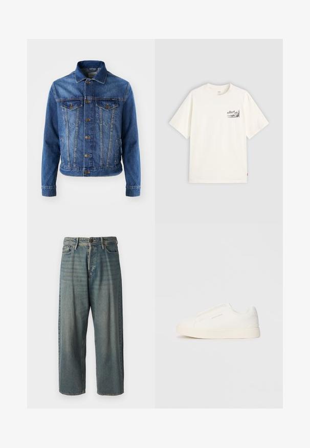 Plava traper jakna s dugmadi sprijeda, dva džepa na prsima i klasičnom kragnom. Tkanina ima blago izblijedjeli izgled.; Bijela majica s kratkim rukavima od pamuka, s crnim grafičkim dizajnom na lijevoj strani prsnog dijela s riječju "Fresh."; Svijetloplave traperice s širokim krojem, srednjim pojasom i ravnim nogavicama. Ima pet džepova, petlje za remen i kopčanje na gumb.; Bijele slip-on tenisice s teksturiranom površinom, debelim đonom i minimalističkim dizajnom. Sadrže logo branda sa strane.