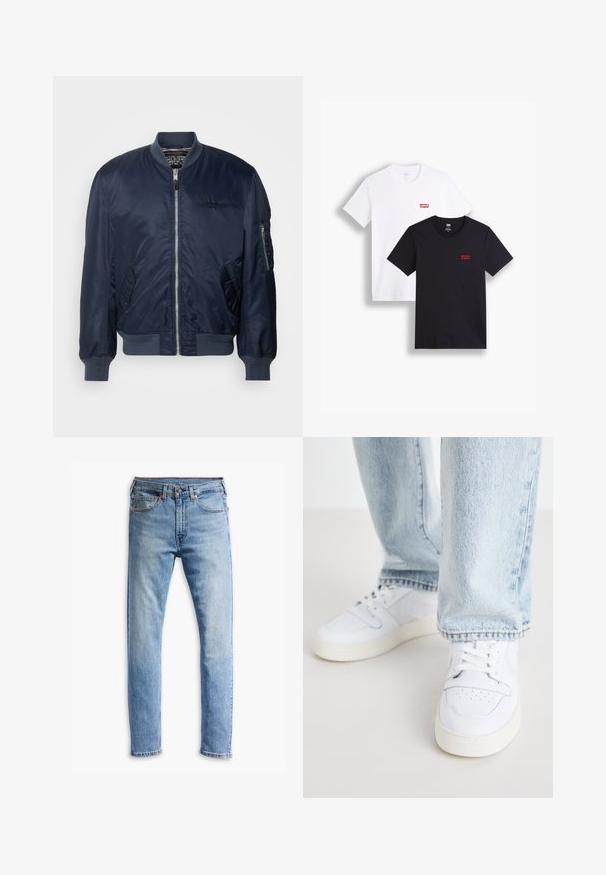 Marineblå bomberjakke laget av glatt nylon, med glidelåsfront, sidelommer, ribbestrikkede mansjetter og en erm lomme med glidelås.; To korte ermesskjorter: en hvit og en svart. Begge laget av bomull med en rød Levi's-logo på brystet. Enkel rund hals-design.; Lyseblå denimjeans med rett snitt, fem lommer, knappelukking og subtil falming over stoffet.; Hvite lær lave sneakers med perforert tå, flate lisser og minimalistisk design. Kombinert med lyseblå denimjeans.