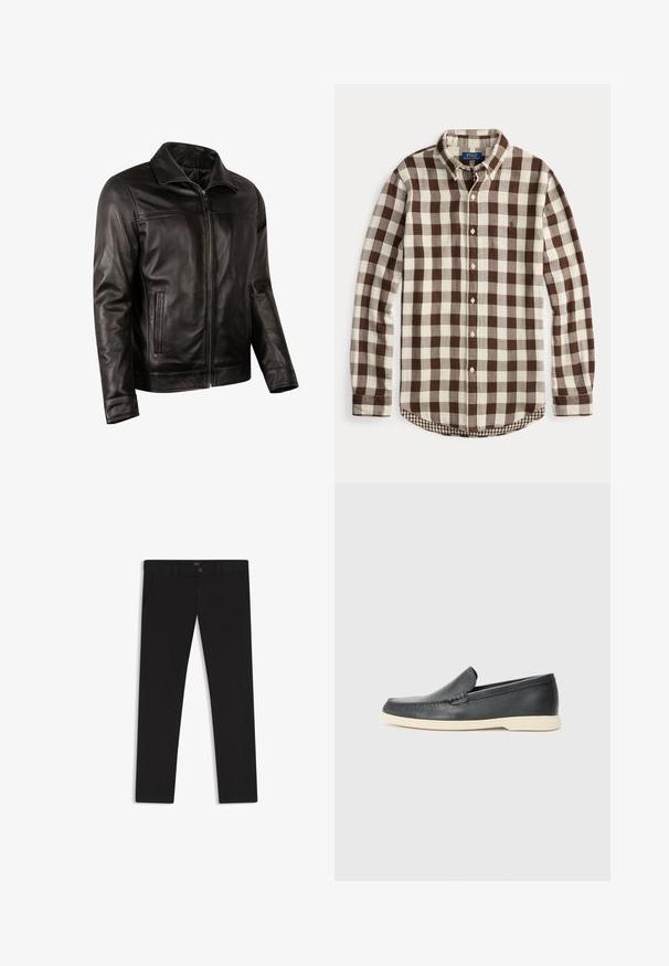 Schwarze Lederjacke mit Reißverschluss vorne, klassischem Kragen, zwei Seitentaschen, glatter Textur und minimalistischem Design.; Langärmliges Hemd mit Knöpfen in braun-creme kariertem Muster, geknöpftem Kragen und dezentem, auf der Brust gesticktem Logo.; Schwarze Hosen aus einem Stoff mit glatter текстуре. Verfügt über einen Knopfverschluss, Gürtelschlaufen und Seitentaschen. Klassisches Design mit geradem Bein.; Schwarze Leder-Slipper mit strukturiertem Finish und einer kontrastierenden beige Gummisohle. Mit einem dezenten Akzent an der Vorderseite.