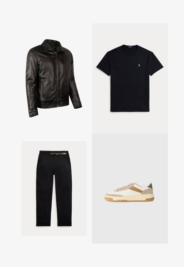 Black leather jacket with a zip front, classic collar, two side pockets, smooth texture, and minimalistic design.; Black cotton t-shirt featuring a crew neckline, short sleeves, and a small embroidered logo on the left chest. Smooth texture.; Black pants made of lightweight fabric, featuring an elastic waistband with an integrated green belt, straight-leg cut, and side pockets.; Sneakers in beige, cream, and olive green, featuring suede and leather materials, a round toe, minimalistic design, and a rubber sole.