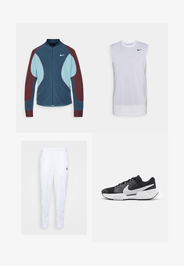 Chaqueta de pista de Nike con cierre frontal de cremallera, paneles azul y marrón, puños acanalados y un pequeño logo blanco en el pecho. Textura de tela suave.; Camiseta atlética sin mangas blanca hecha de material ligero. Presenta un cuello redondo y un pequeño logo negro de Nike en la parte superior izquierda.; Pantalones deportivos blancos con cintura elástica, que cuentan con bolsillos laterales y detalles de costura sutiles a lo largo de las piernas.; Zapatillas deportivas negras con parte superior texturizada, logo de swoosh blanco, talón acolchado y suela blanca contrastante con un patrón en zigzag.