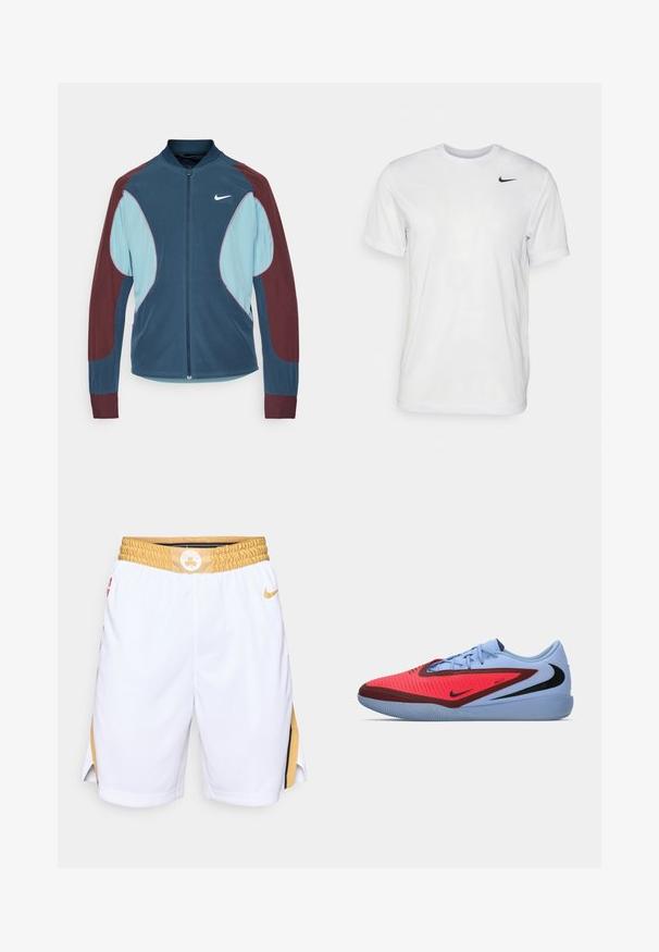 Chaqueta de pista de Nike con cierre frontal de cremallera, paneles azul y marrón, puños acanalados y un pequeño logo blanco en el pecho. Textura de tela suave.; Camiseta blanca de manga corta hecha de tela suave. Presenta un cuello redondo y un pequeño logo negro de Nike en el pecho izquierdo.; Pantalones cortos de baloncesto blancos con una cintura elástica dorada, con un logo de los Celtics y detalles en negro en los costados. Tejido ligero.; Zapatilla deportiva Nike con parte superior azul, acentos rojos, un diseño texturizado y un logo negro. Suela de goma con un agarre con patrón.