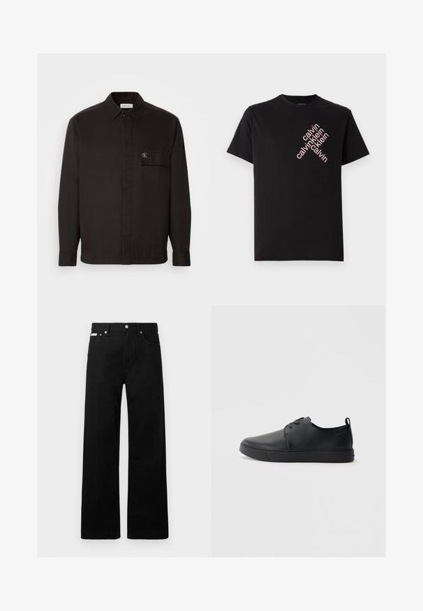 Black shirt in smooth fabric, featuring a button-up front, collar, and a chest pocket with stitched logo. Straight cut and long sleeves.; Black cotton T-shirt featuring a diagonal pink "calvin klein" logo print on the front. Short sleeves and rounded neckline.; Black denim pants with a wide-leg design, featuring five pockets and metallic button hardware. Smooth texture, no visible patterns.; Black leather sneaker with a smooth finish, rounded toe, tonal stitching, lace-up front, and a flat rubber sole. Loop at the heel.