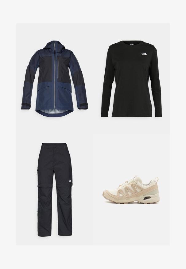 Navy outer jacket with a hood, featuring contrasting dark panels, front zip, side pockets, and adjustable sleeves. Waterproof material.; Black long-sleeve t-shirt made of cotton with a round neck. Features a small white logo on the left chest area. Simple design and fit.; Black nylon zip-off cargo trousers with adjustable cuffs, multiple pockets, and a logo on the right leg. Smooth, lightweight texture.; Beige and cream athletic shoe with textured mesh upper, supportive overlays, and rubber outsole featuring a tread pattern for traction.