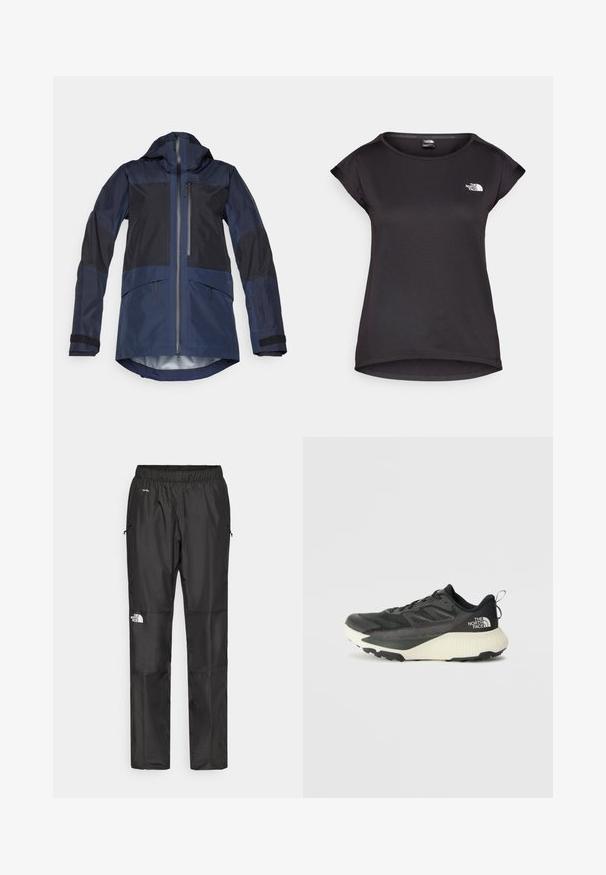 Jūras spēku ārējā jaka ar kapuci, ar kontrastējošām tumšām paneļām, priekšējo rāvējslēdzēju, sānu kabatām un regulējamiem piedurkņu galiem. Ūdensnecaurlaidīgs materiāls.; The North Face TANKEN TANK - Sporta krekli - black; Melnas ūdensnecaurlaidīgas bikses, kas izgatavotas no viegla materiāla, ar elastīgu jostu, sānu kabatām un logotipu uz kreisās kājas.; Melna sporta kurpe ar teksturētu augšdaļu, kurai ir pelēki akcenti un balts vidusdaļa. Ietver vilkšanas cilpu un izteiktu zīmola logo uz papēža.